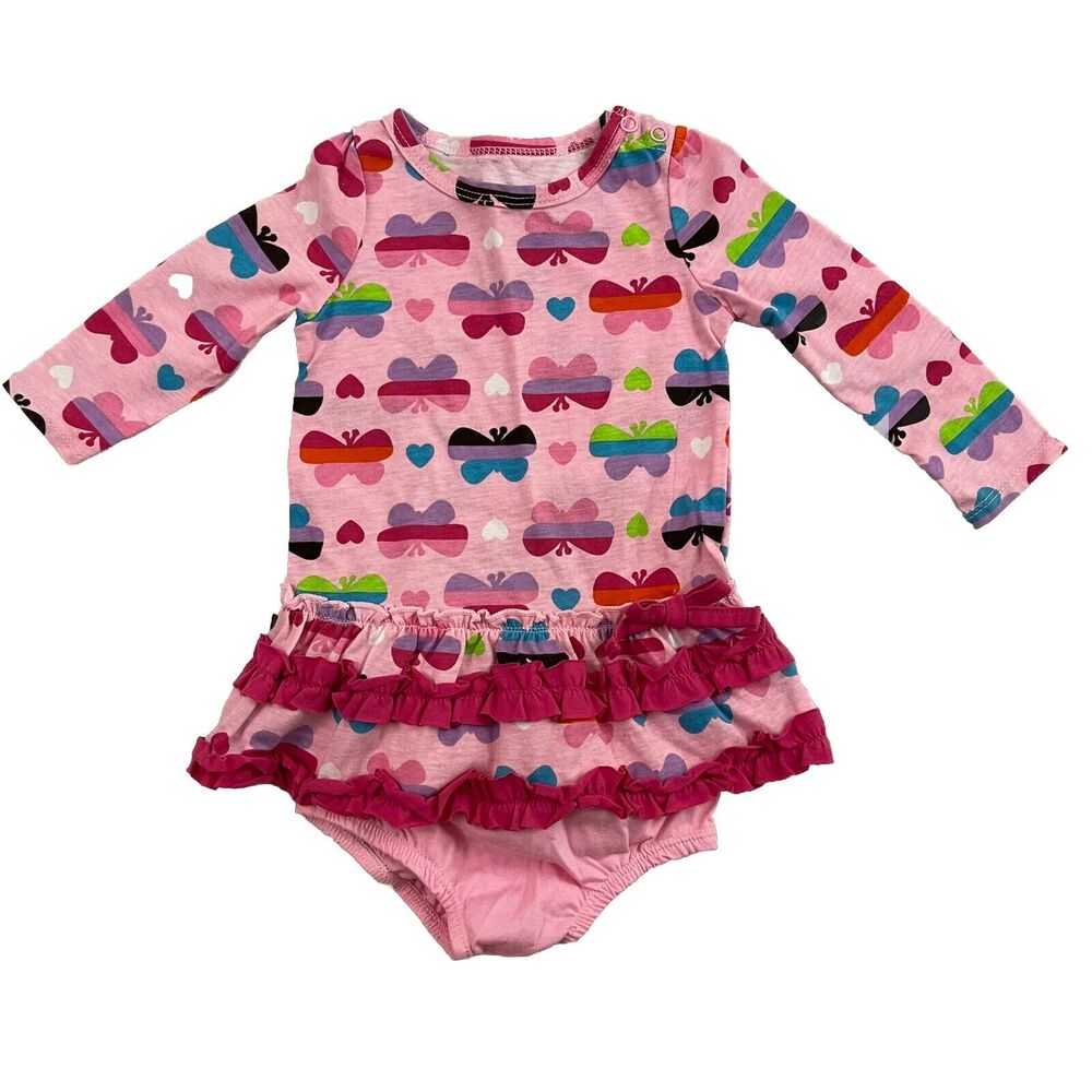Buster Brown Dress Girls Size 3-6M VTG Pink Butterfly All Over Print Ruffle Bow